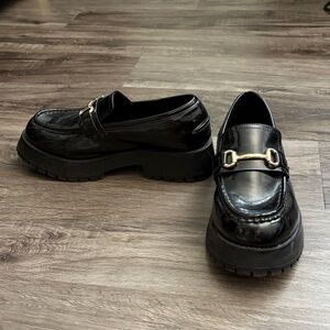 ASOS Black Patent Loafers with Gold Detail